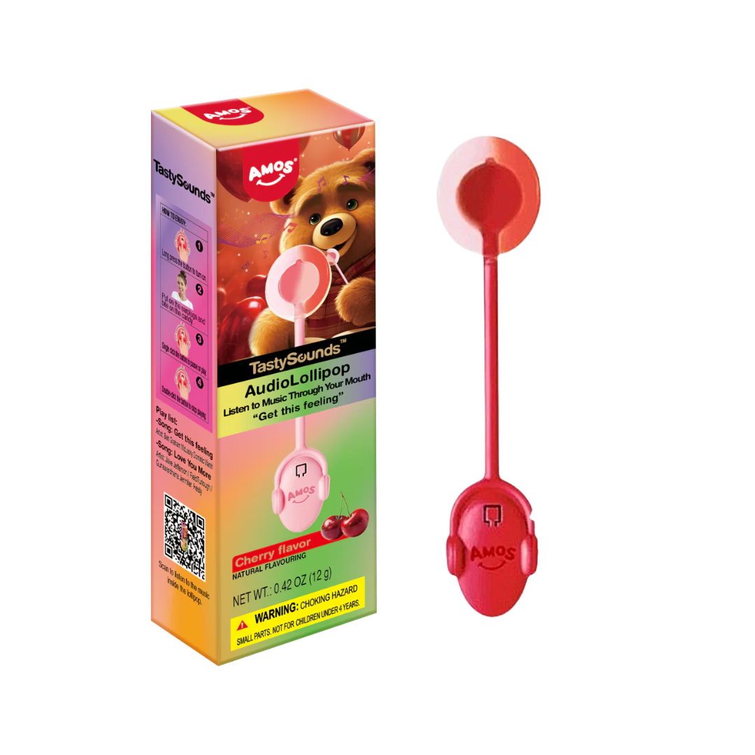 Amos Tastysounds Sweet Pop/Get This Feeling Audio Lollipop Cherry 12ct