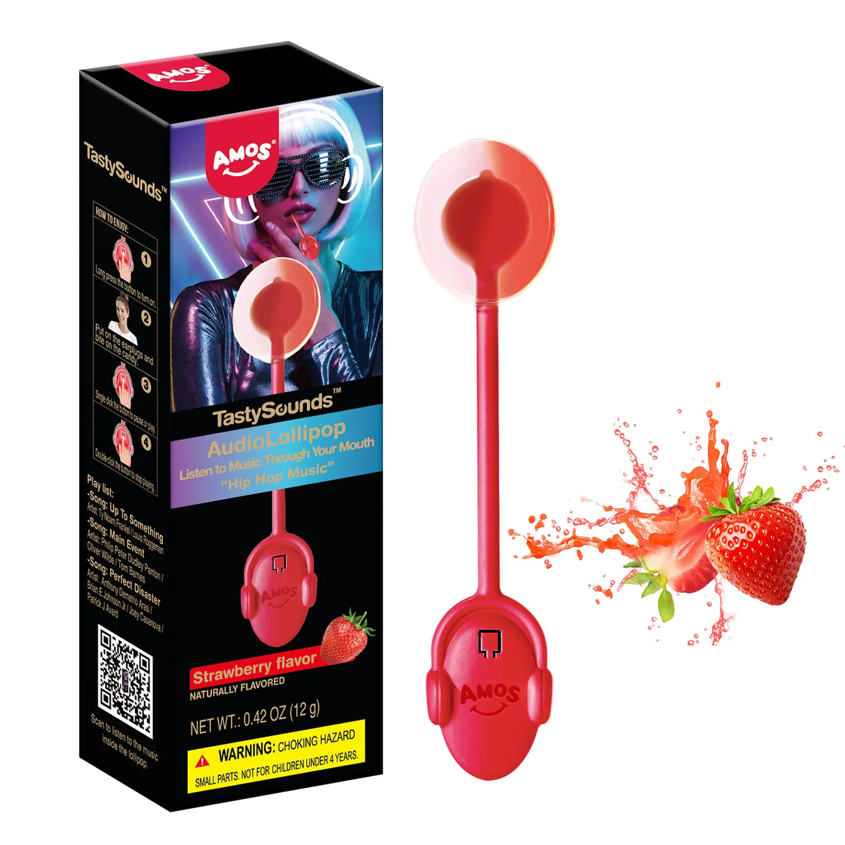 Amos Tastysounds Rap/Hip Hop Audio Lollipop Strawberry 12ct