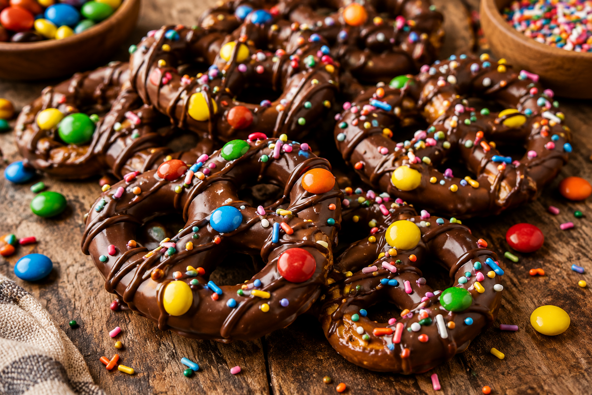 Easy Chocolate-Dipped Pretzel Rods with Candy Toppings