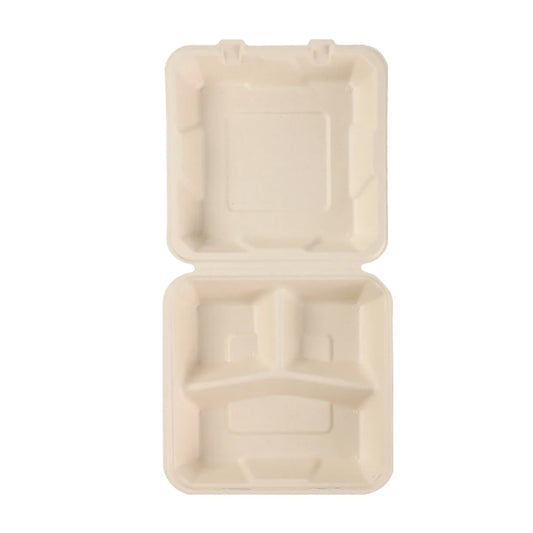 9" x 9" x 3" Bamboo 3-Compartment Take-Out Containers - 50 Containers
