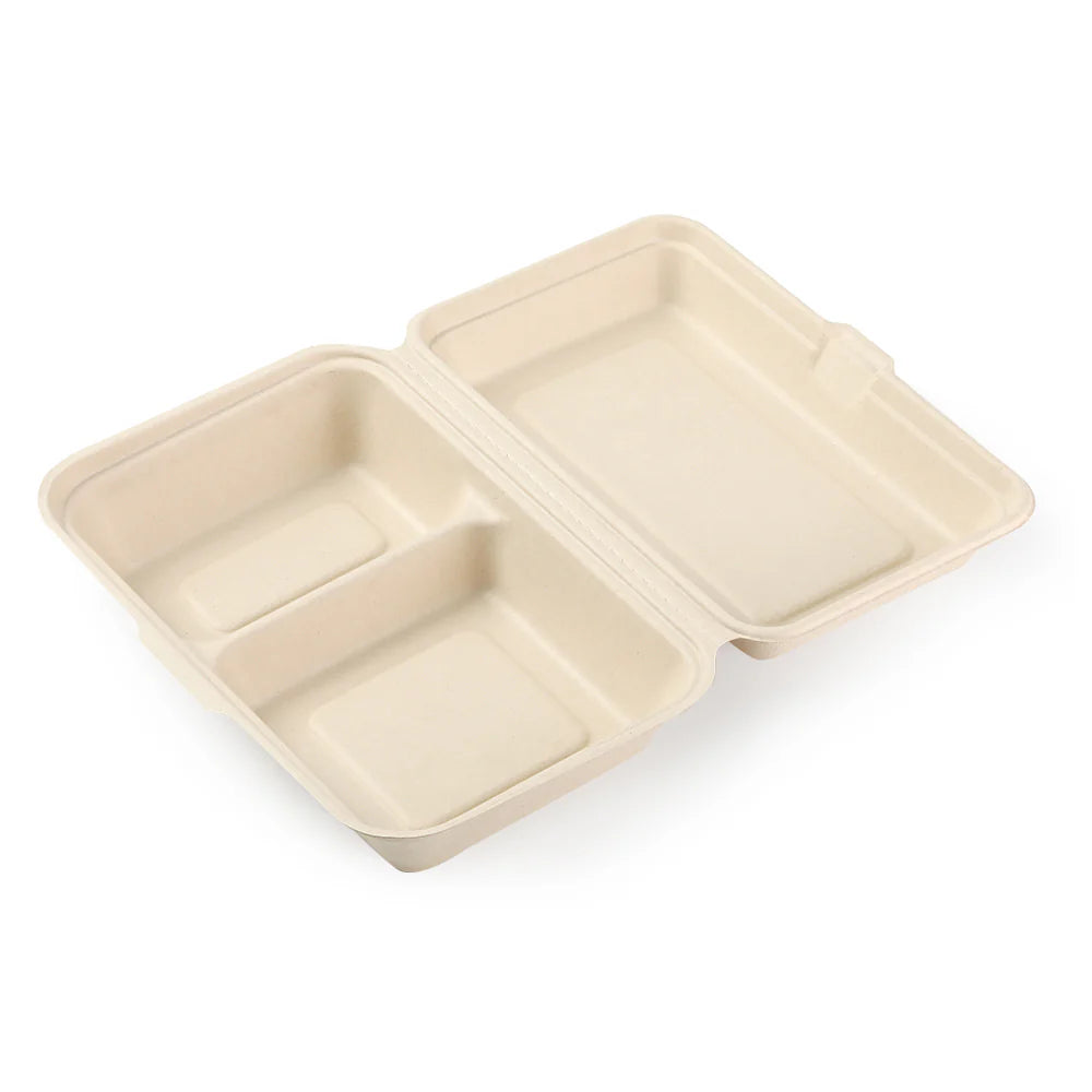 6" x 9" x 3" Bamboo 2-Compartment Take-Out Containers - 50 Containers