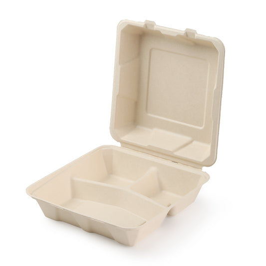 8" x 8" x 3" Bamboo 3-Compartment Take-Out Containers - 200 Containers