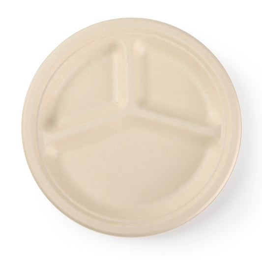 9" Disposable Bamboo 3-Compartment Round Plates - 500 Plates