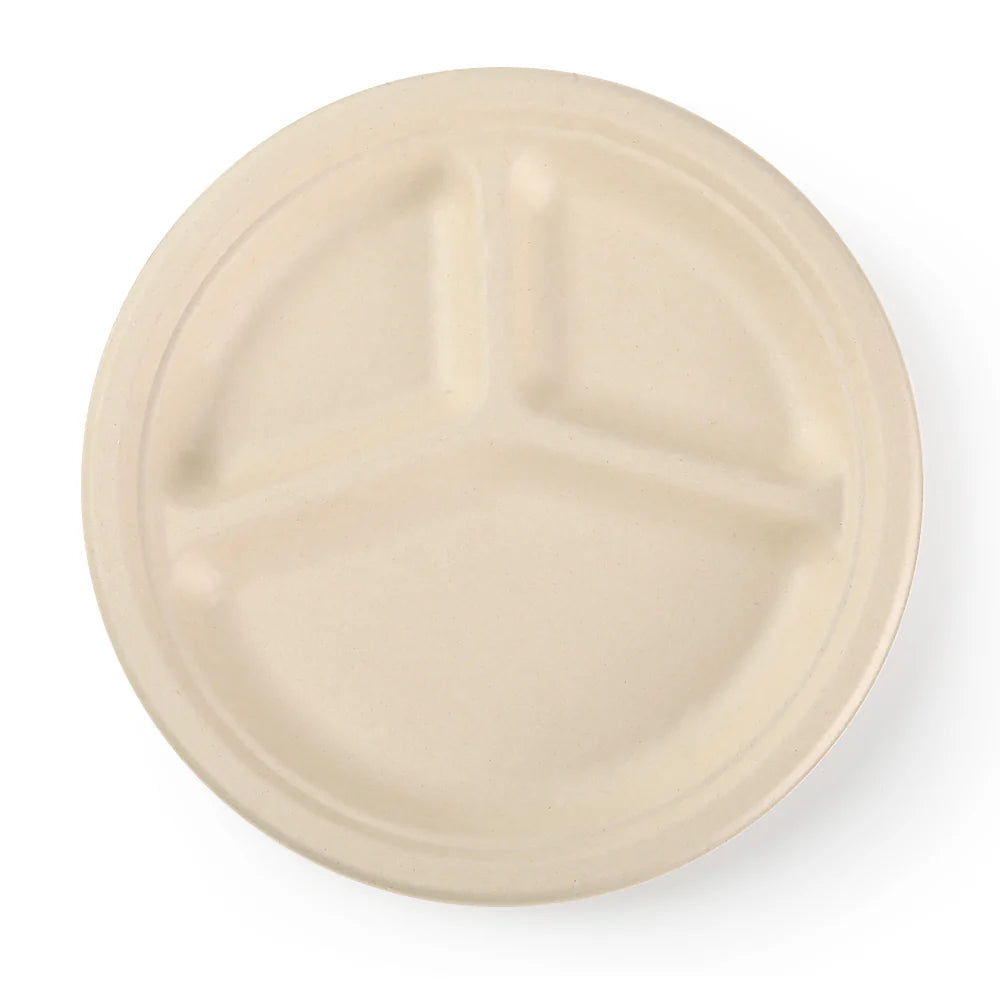 9" Disposable Bamboo 3-Compartment Round Plates - 125 Plates