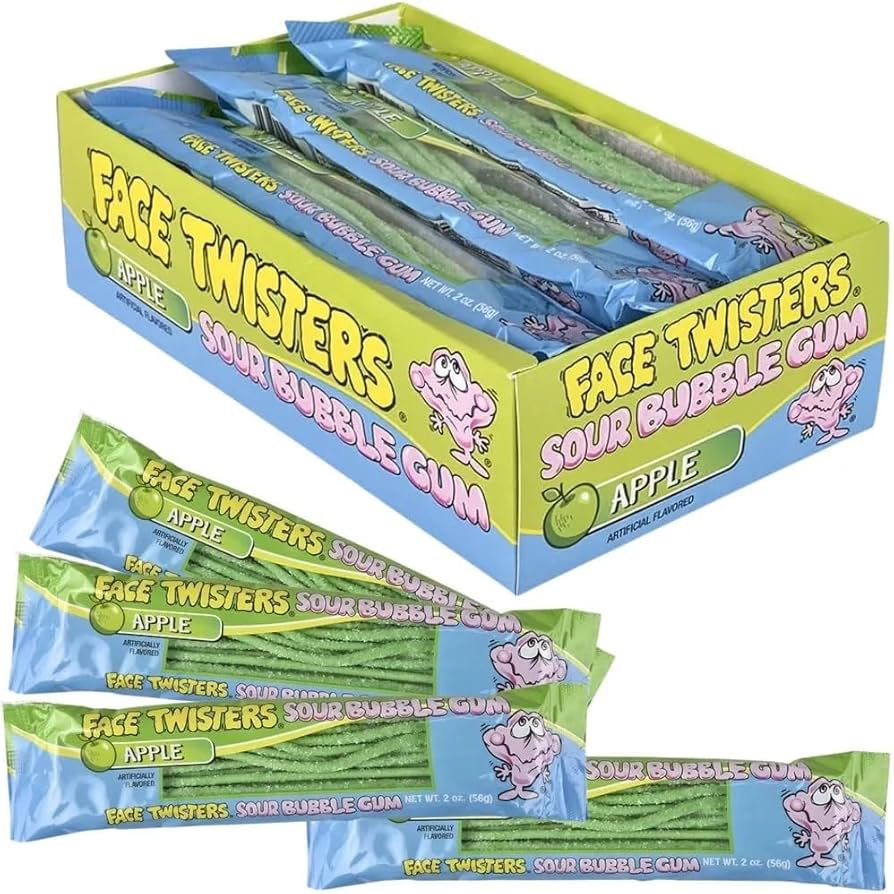 Face Twisters Apple Sour Bubble Gum Straws 12ct