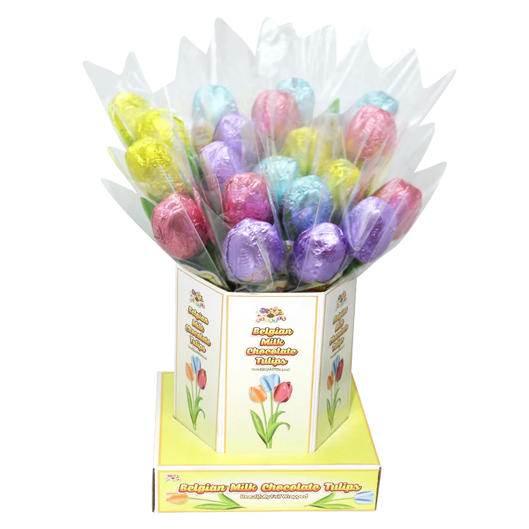 Alberts Easter Belgian Milk Choc Tulips in Vase .53oz 20ct