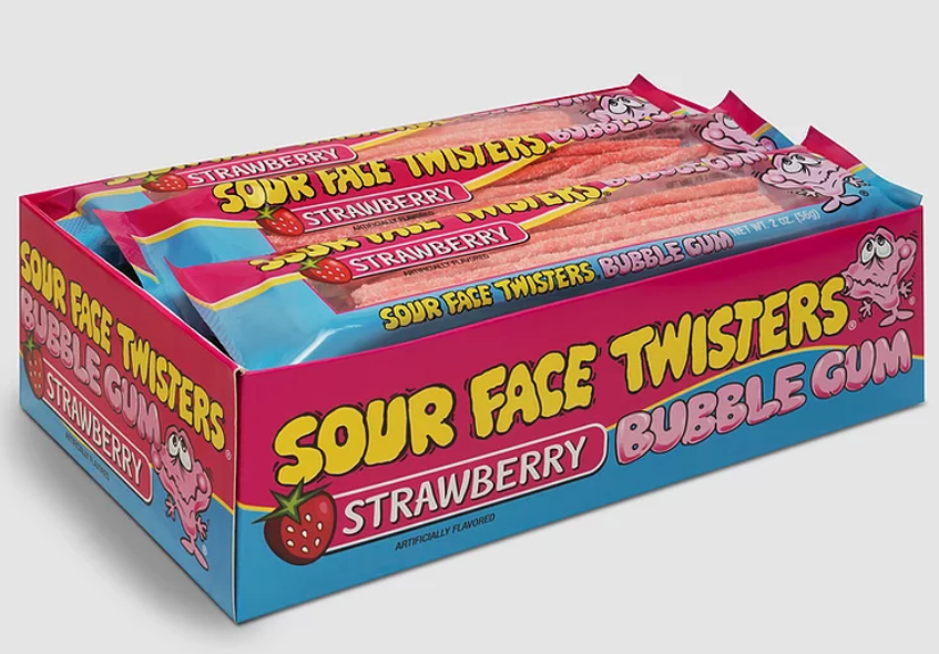 Face Twisters Strawberry Sour Bubble Gum Straws 12ct